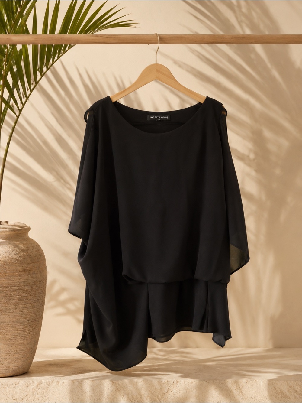 Saks Fifth Avenue Black Asymmetrical Draped Blouse L